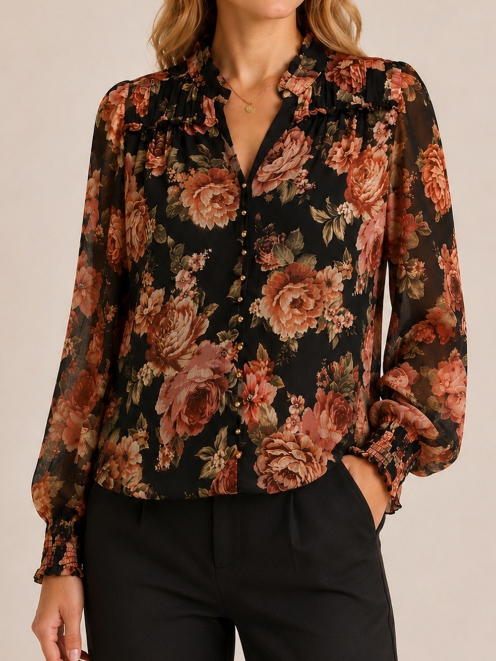 Ever New Anastasia Petite Frill Yoke Floral Blouse NWT Black Size 2